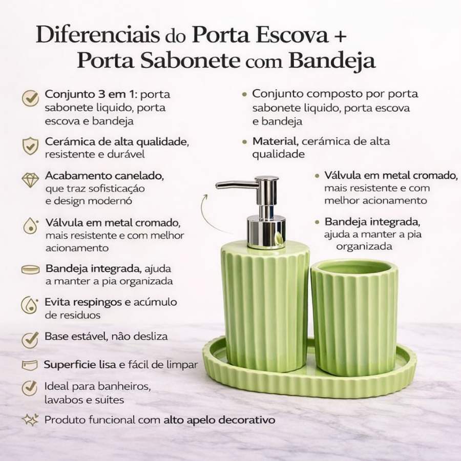 Kit Banheiro Cerâmica Porta Escova + Porta Sabonete Líquido 400ml com Bandeja