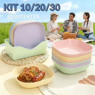 Kit com 10/20/30 Pratos Plásticos Resistentes Reutilizáveis com Suporte