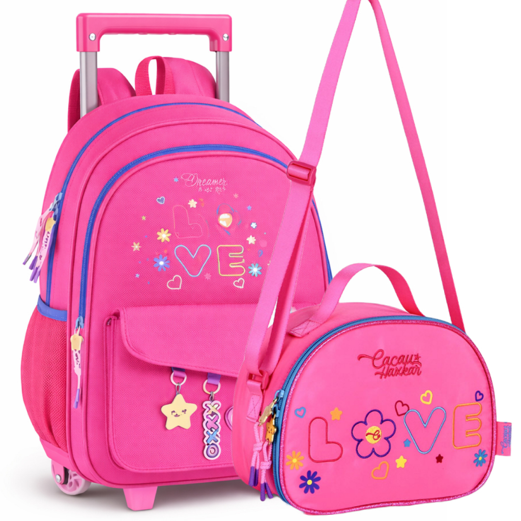 Kit Mochila de Rodinhas Cacau Haxkar Youtuber Original com Lancheira Térmica Infantil Escolar Clio
