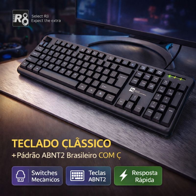 Teclado Office R8 com Fio Usb Abnt2  Silencioso para computador notebook Home Office Escola Trabalho em Oferta na Shopee
