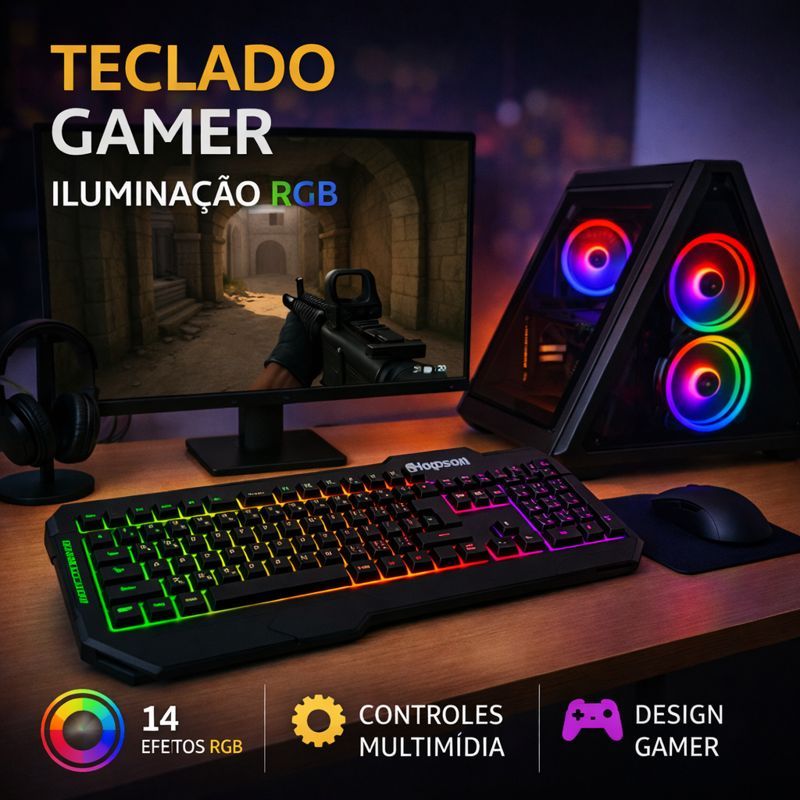 Teclado Gamer Semi Mecânico RGB Anti Ghosting com Iluminação LED Colorida para PC e Notebook — imagem 2 de 2