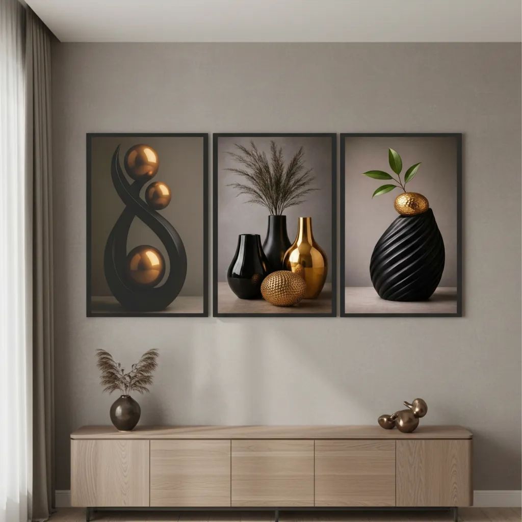Quadro Decorativo 3 Peças Abstrato Geométrico Moderno Nordic Hall VASO E FOLHAS