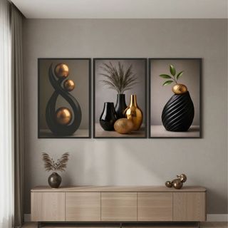 Quadro Decorativo 3 Peças Abstrato Geométrico Moderno Nordic Hall VASO E FOLHAS