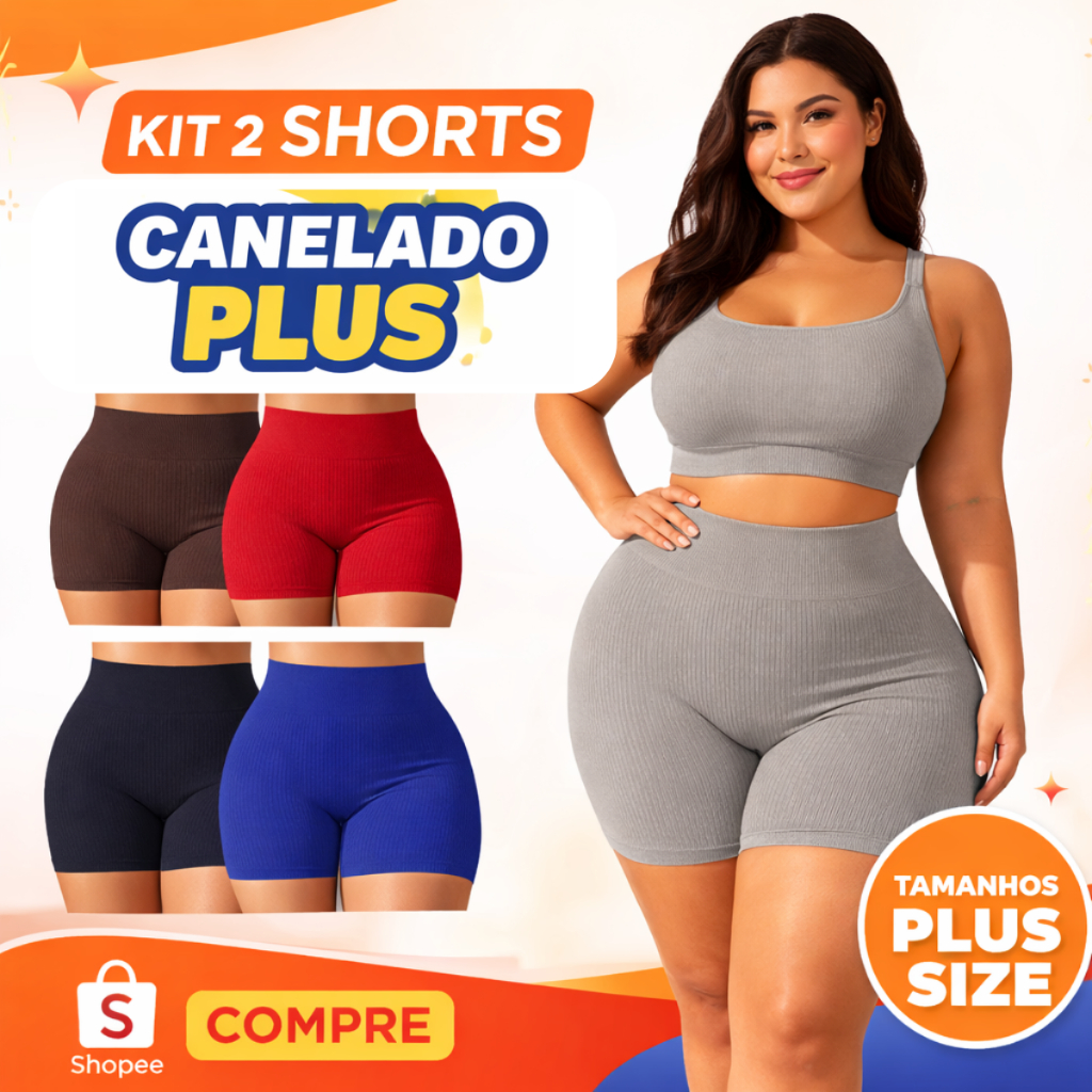 Kit 2 Shorts Canelado Plus Size Feminino Empina Bumbum Cós Alto Modelador - Poliamida