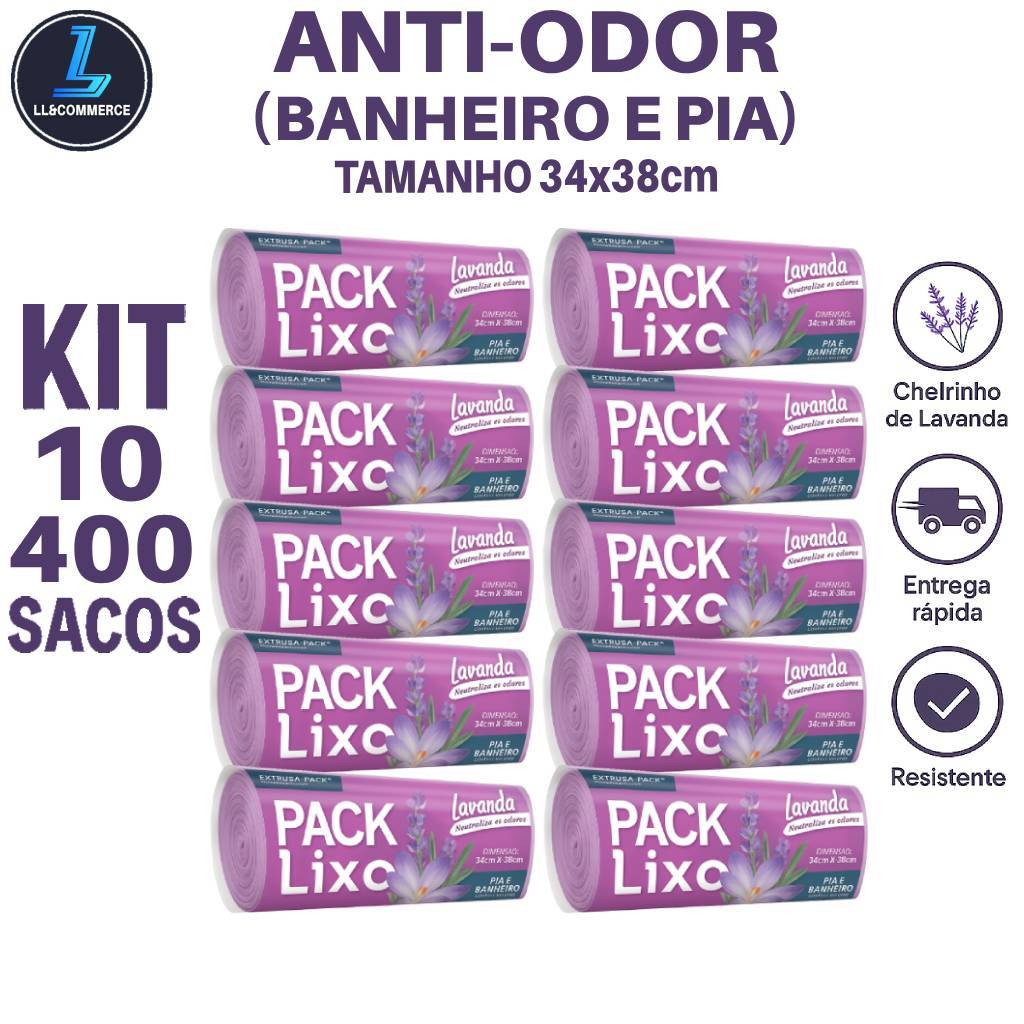 Kit 10 Saco de Lixo 8L Lavanda 34x38 Reforçado 400 Sacos Banheiro Pia Anti-Odor