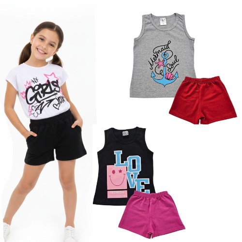 Blusa E Short Feminino Conjunto Infantil Menina Sortido Calor Kit 2 Peças De Roupas 04 Ao 12 Anos Estampado