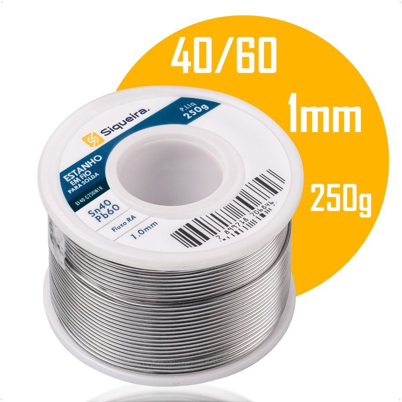 Estanho Em Fio Para Solda 1mm 40x60 Sn40 Pb60 Com Fluxo Ra Rolo 250g S Siqueira