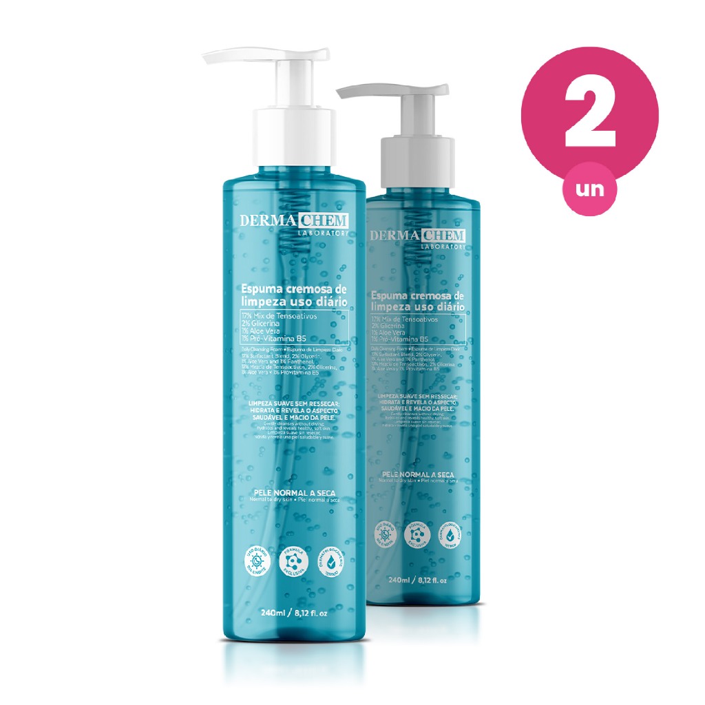 Kit 2 Espuma Cremosa de Limpeza Facial 240ml Hidratação e Maciez da Pele Com Aloe Vera Dermachem