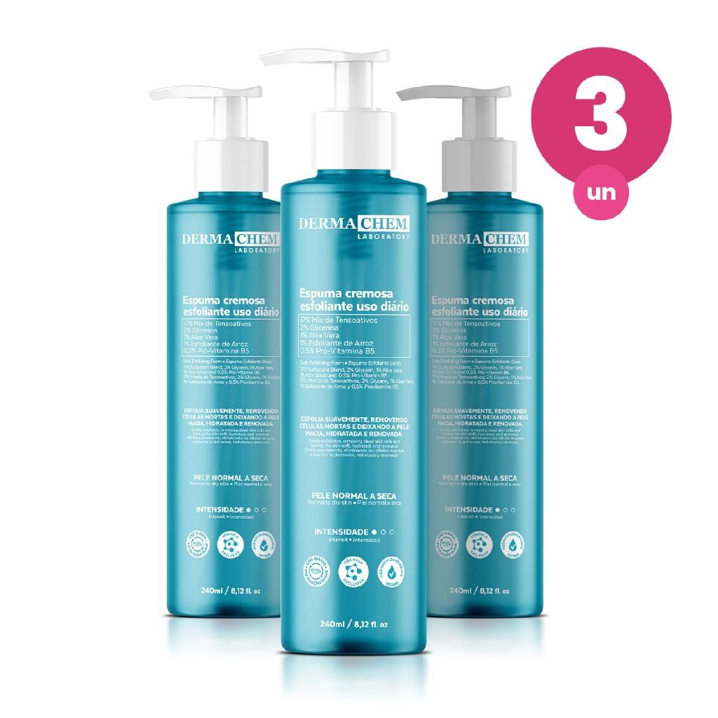 Kit 3 Espuma Cremosa Esfoliante Facial 240ml Renovação Hidratação e Maciez da Pele Com Aloe Vera Dermachem em Oferta na Shopee