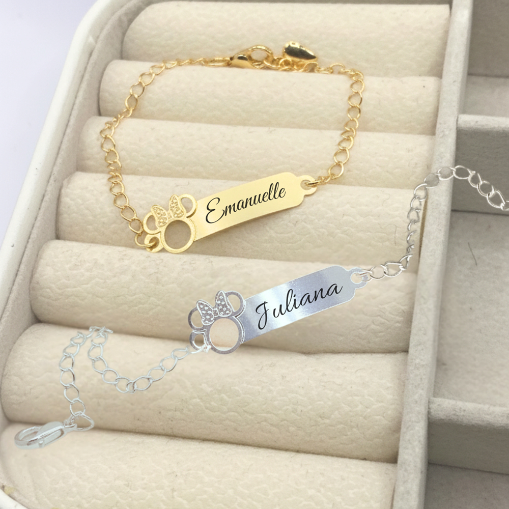 Pulseira Infantil RN Bebê Personalizada Minnie Banhada A Ouro 18K Prata Gravação A Laser Nome
