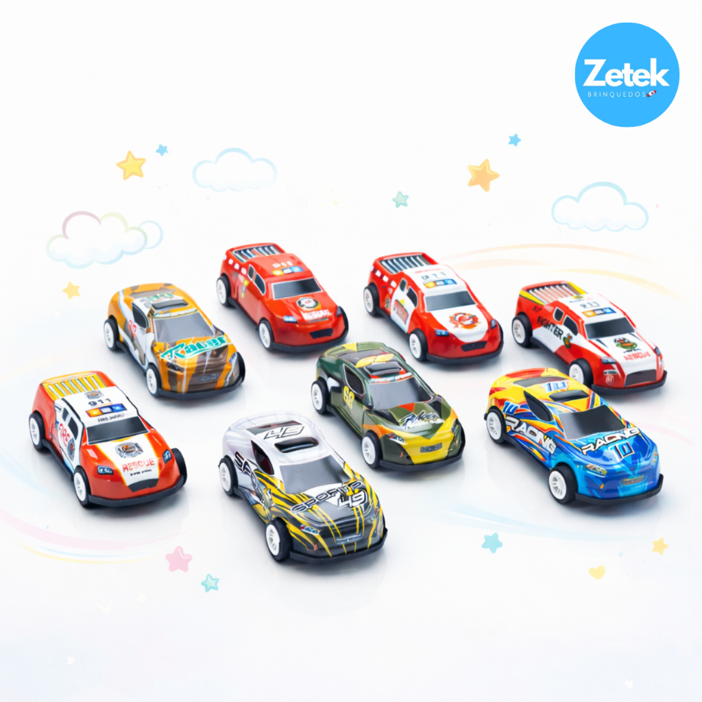 Kit 8 Carrinhos de Brinquedo Fricção — Puxa e Solta, Modelos Variados