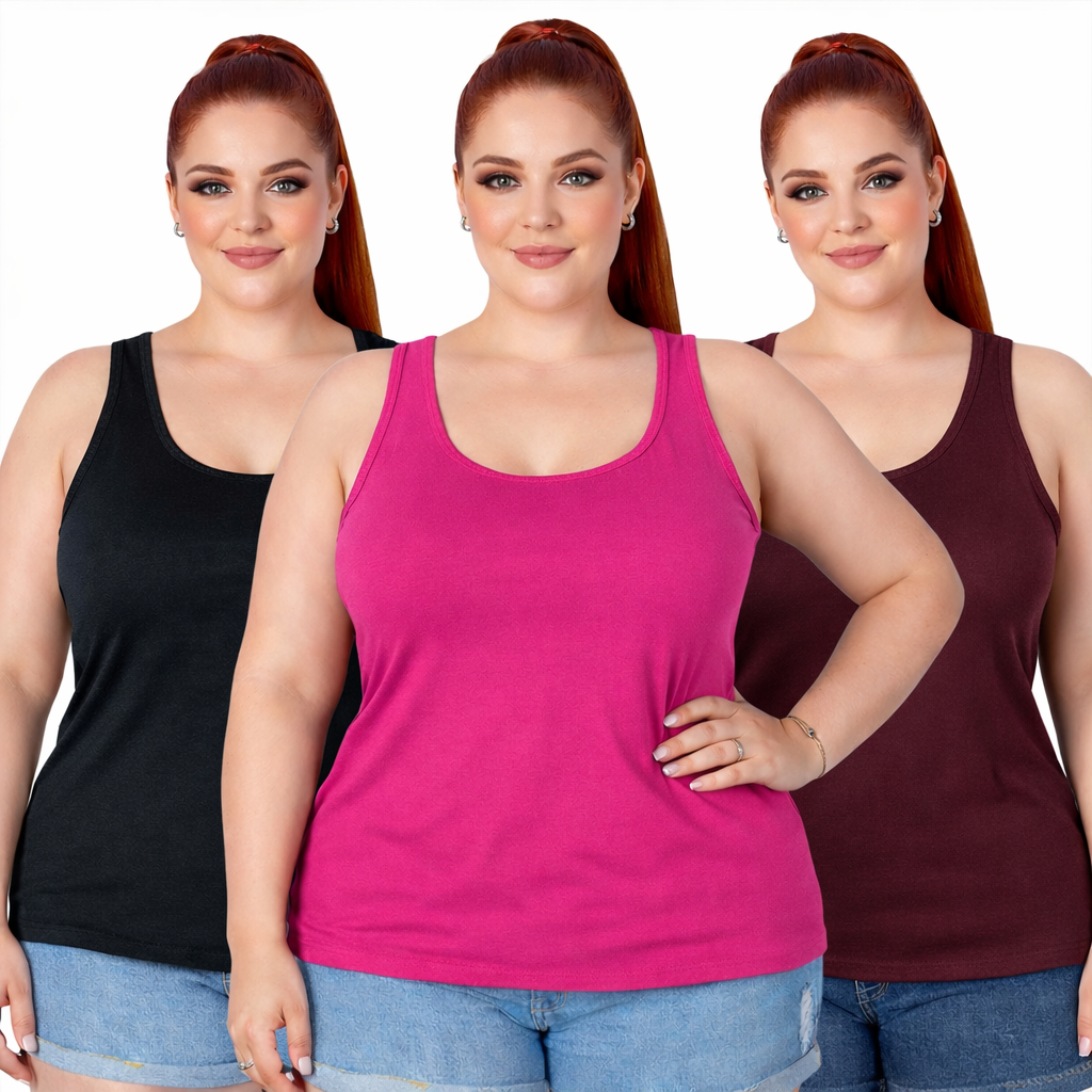 Kit 3 Regatas Femininas Plus Size Nadador em Viscolycra para Academia em Oferta na Shopee