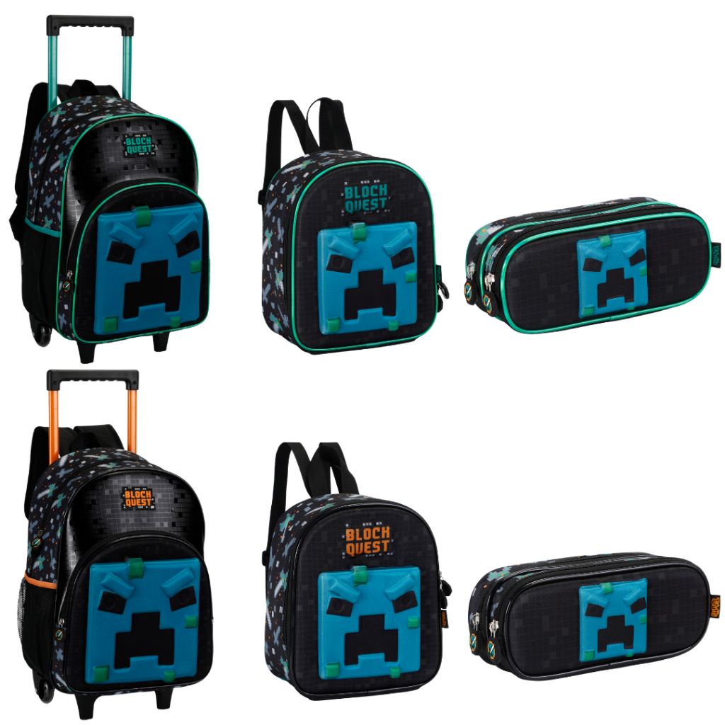 Mochila menino kit MINECRAFT de Rodinhas/ Lancheira/ estojo/ garrafa - Minecraft