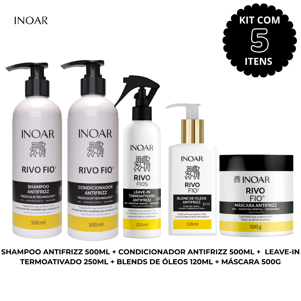 Kit 5 Itens Inoar Rivo Fios Shampoo 500ml + Condicionador 500ml + Leave In 250ml + Blends de Óleo 120ml + Máscara 500g