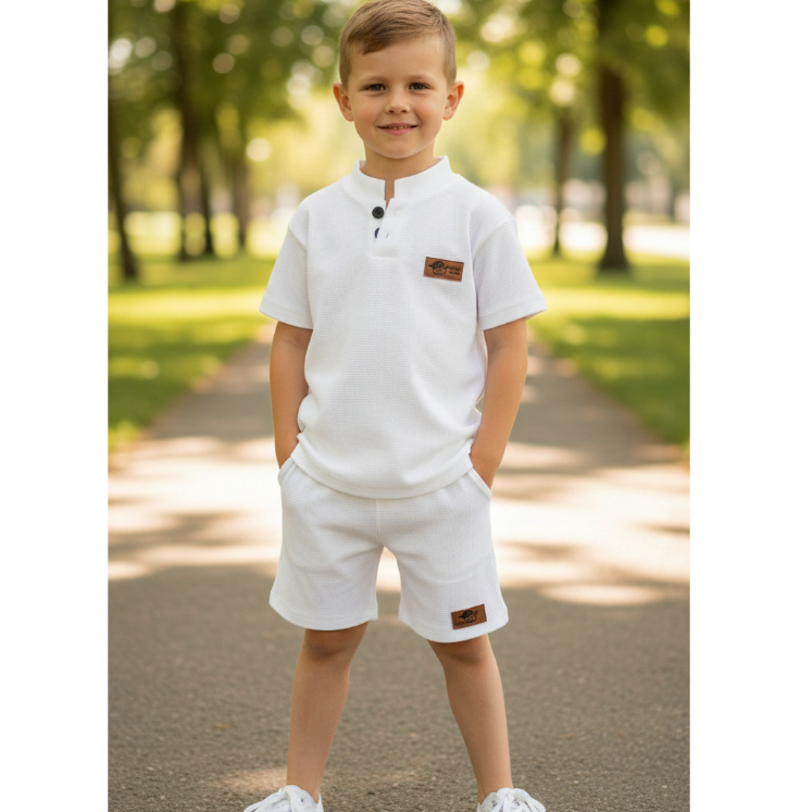 Conjunto Infantil Camisa e Bermuda Canelada Malha Waffle - Estilo Mauricinho