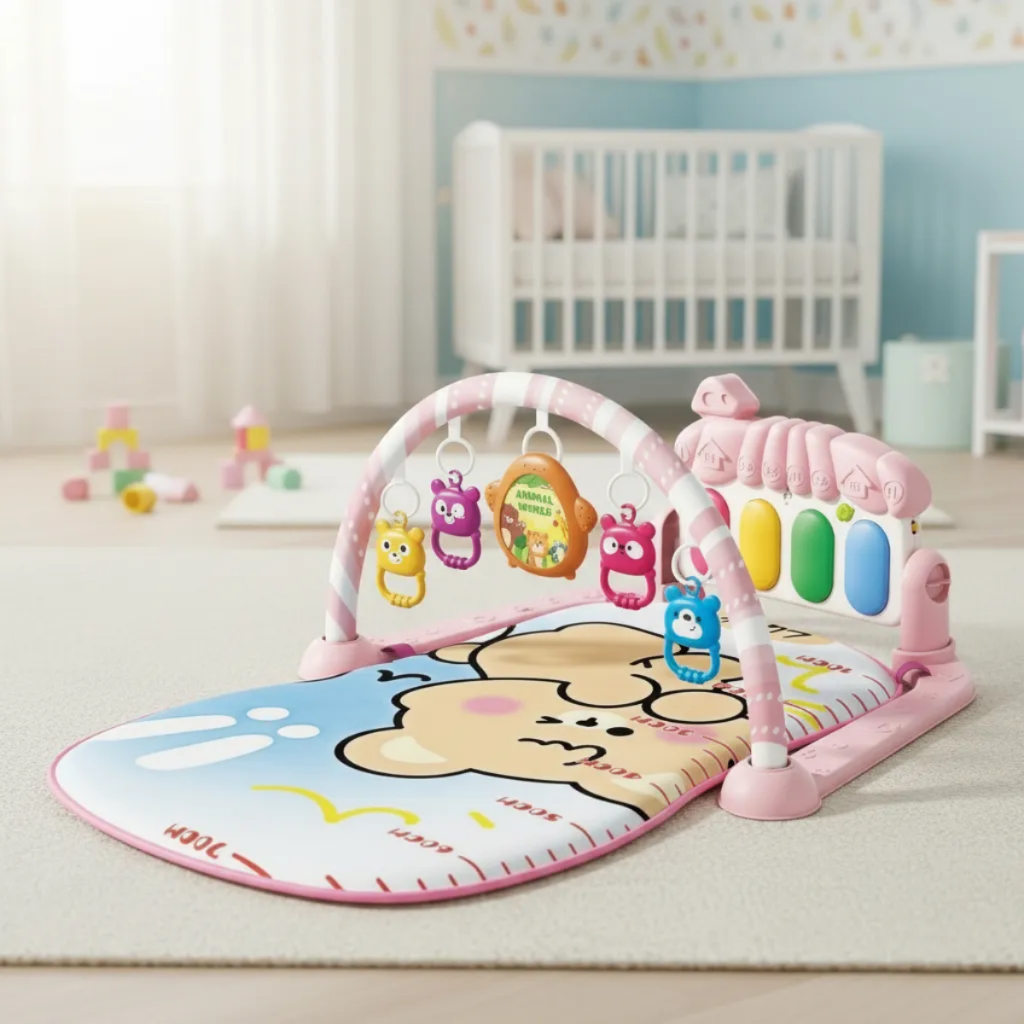 Tapete Atividades Infantil Rosa com Piano Musical e Móbile Interativo Arco com Brinquedos Superfície Macia