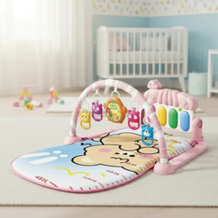 Tapete Atividades Infantil Rosa com Piano Musical e Móbile Interativo Arco com Brinquedos Superfície Macia