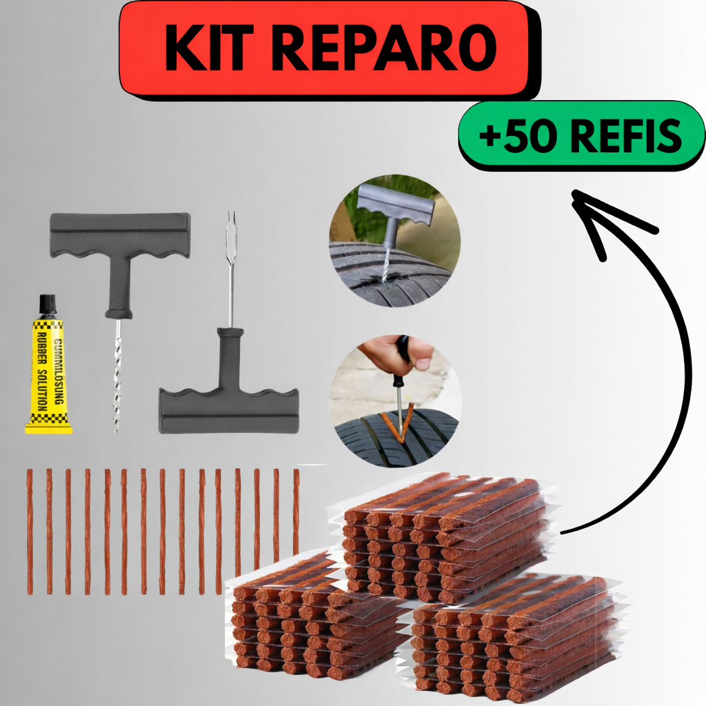 Kit Reparo Pneu Sem Câmara Tubeles Macarrão com Aplicador Escareador em Ferro e Cola para Carro Moto