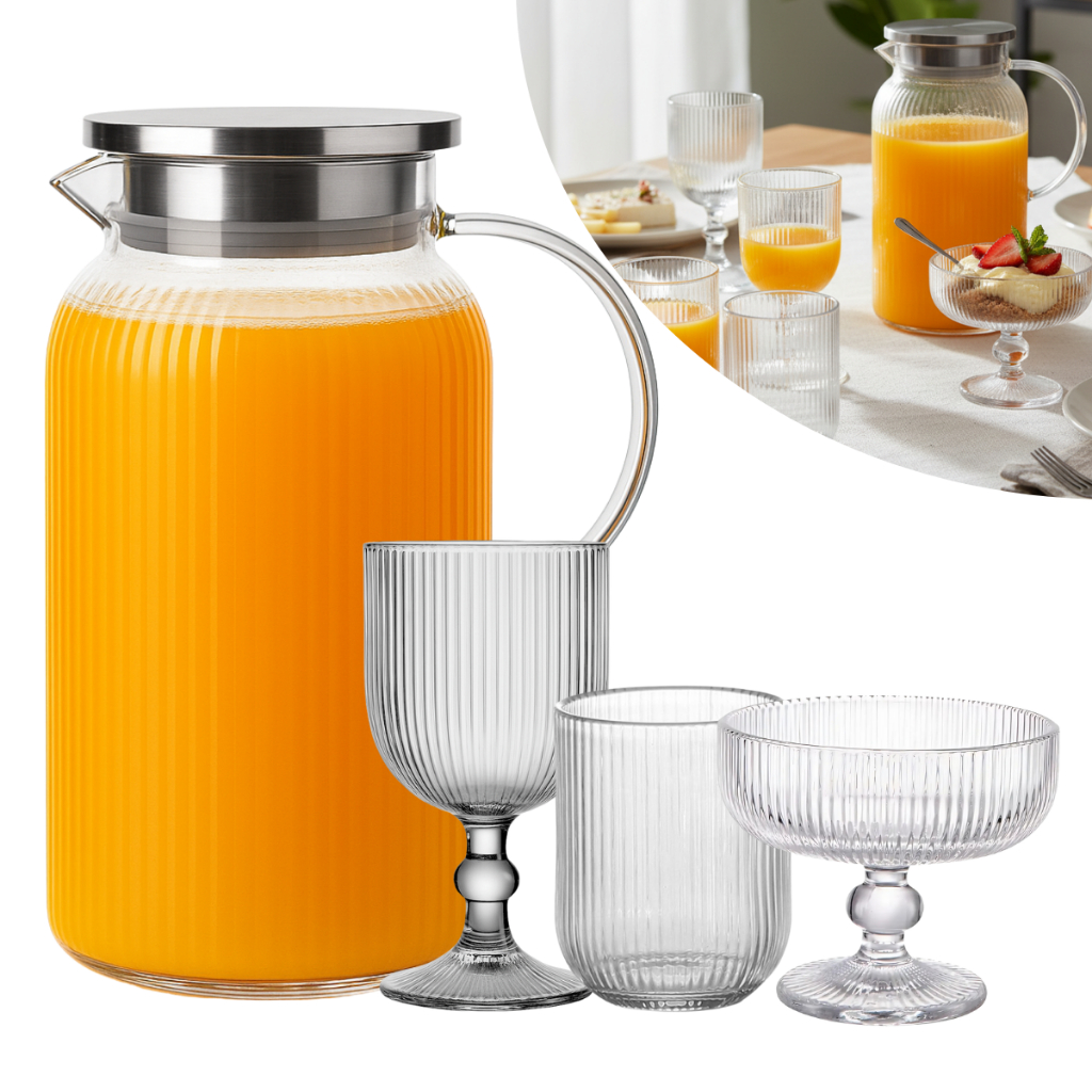 Kit Jogo 6 Taças Canelada 380ml + Jarra Borossilicato 1,5l Vidro Listrada Buffet Bar Restaurante