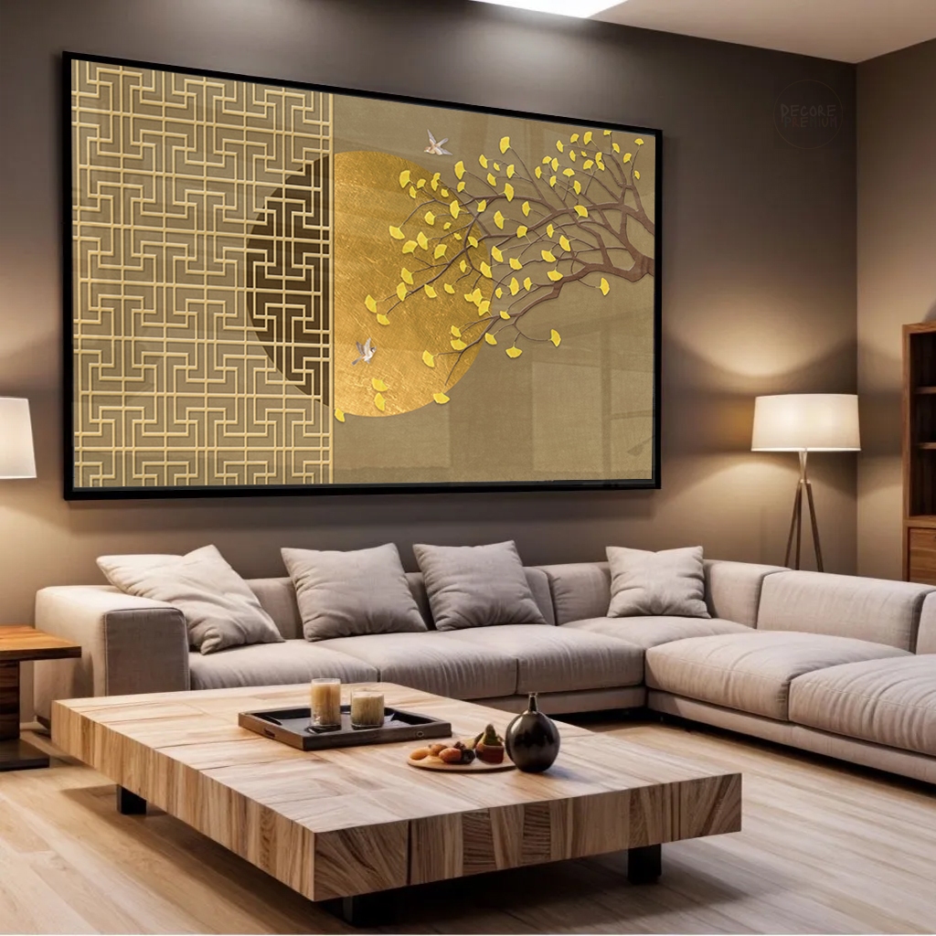 Quadro Decorativo Sala Pousada Janela da Prosperidade Oriental Ouro Luxo Grande Formato Horizontal Tela Canvas Real