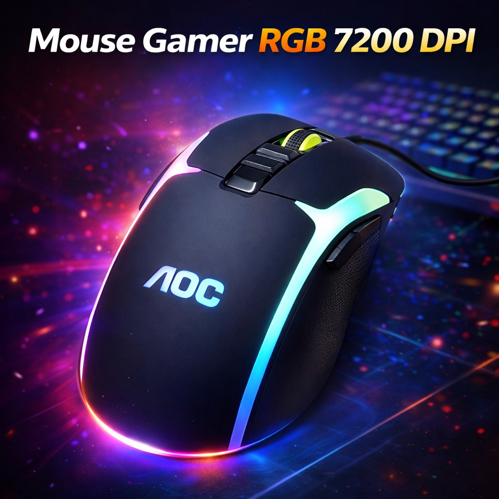 Mouse Gamer RGB 7200 DPI Preto Iluminação RGB com efeitos de luz Fire Button Design ergonômico