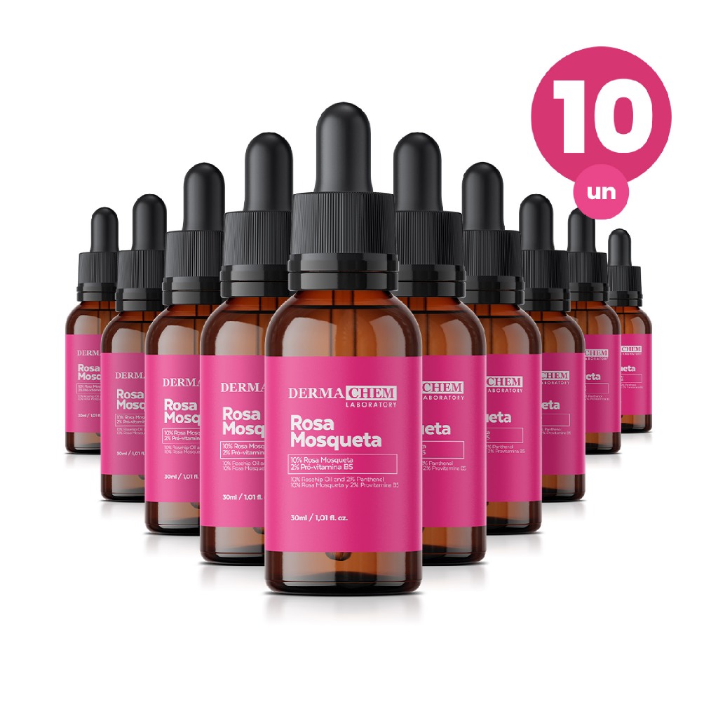 Kit 10 Sérum Facial Rosa Mosqueta 30ml Hidratação Renovação e Clareamento da Pele Dermachem