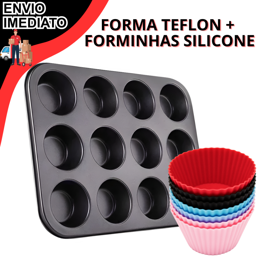 Forma Assadeira Teflon Antiaderente 12 Cavidades + Forminha Cupcakes Silicone Bolinhos Muffins Pão De Queijo Cake