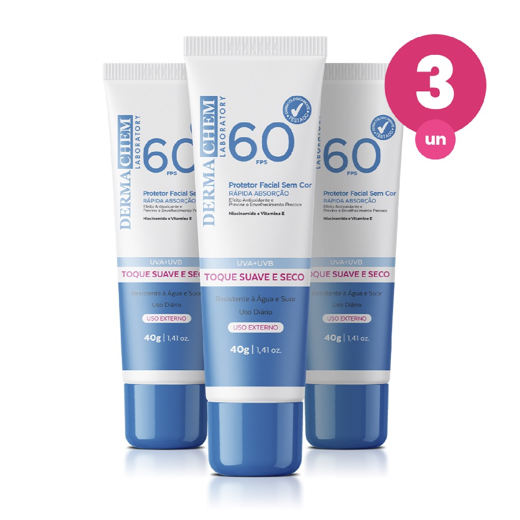 Kit 3 Protetor Solar Rosto FPS60 40g Dermachem em Oferta na Shopee
