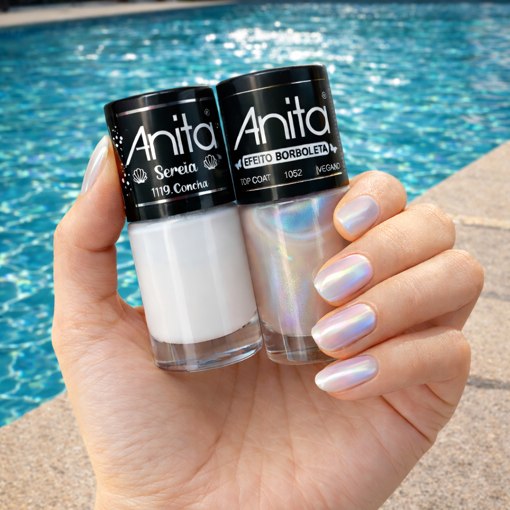 Kit Esmaltes Anita Concha Branco + Top Coat Efeito Borboleta