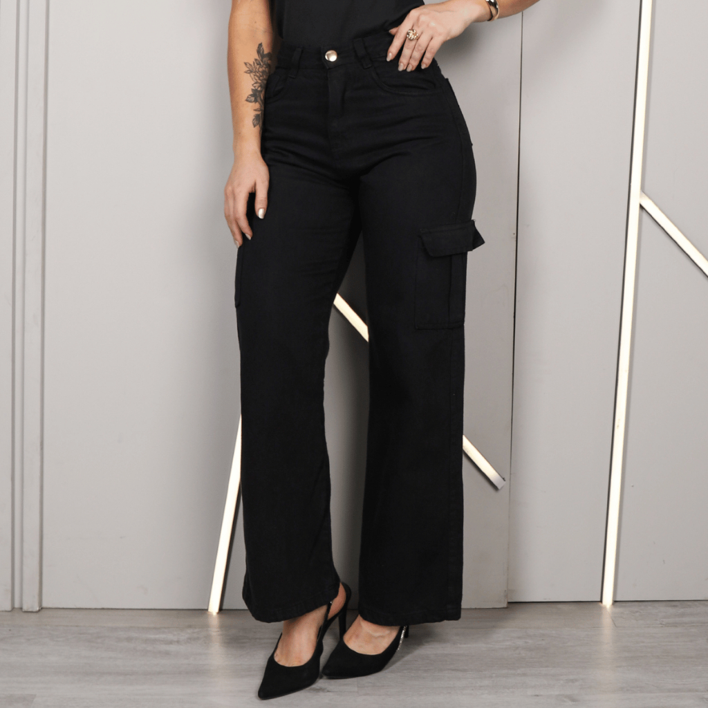 Calca feminina wide leg cargo jeans conforto extremo bolsos funcionais visual moderno tendência em Oferta na Shopee