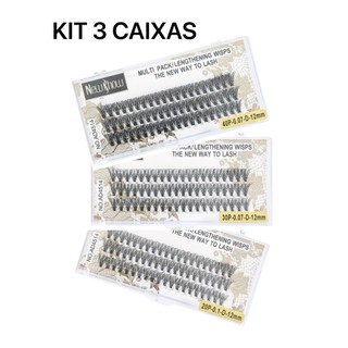 New Show KIT 3 Caixas Cílios Tufos Sem Nó-12P/30P/40P-0.10-D Extensão de Cilios Alongamen…