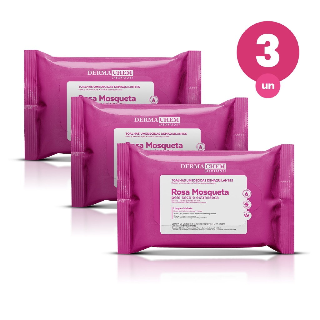 Kit 3 Toalhas Umedecidas Demaquilantes com Rosa Mosqueta 25 Lenços Limpeza e Hidratação da Pele Dermachem em Oferta na Shopee