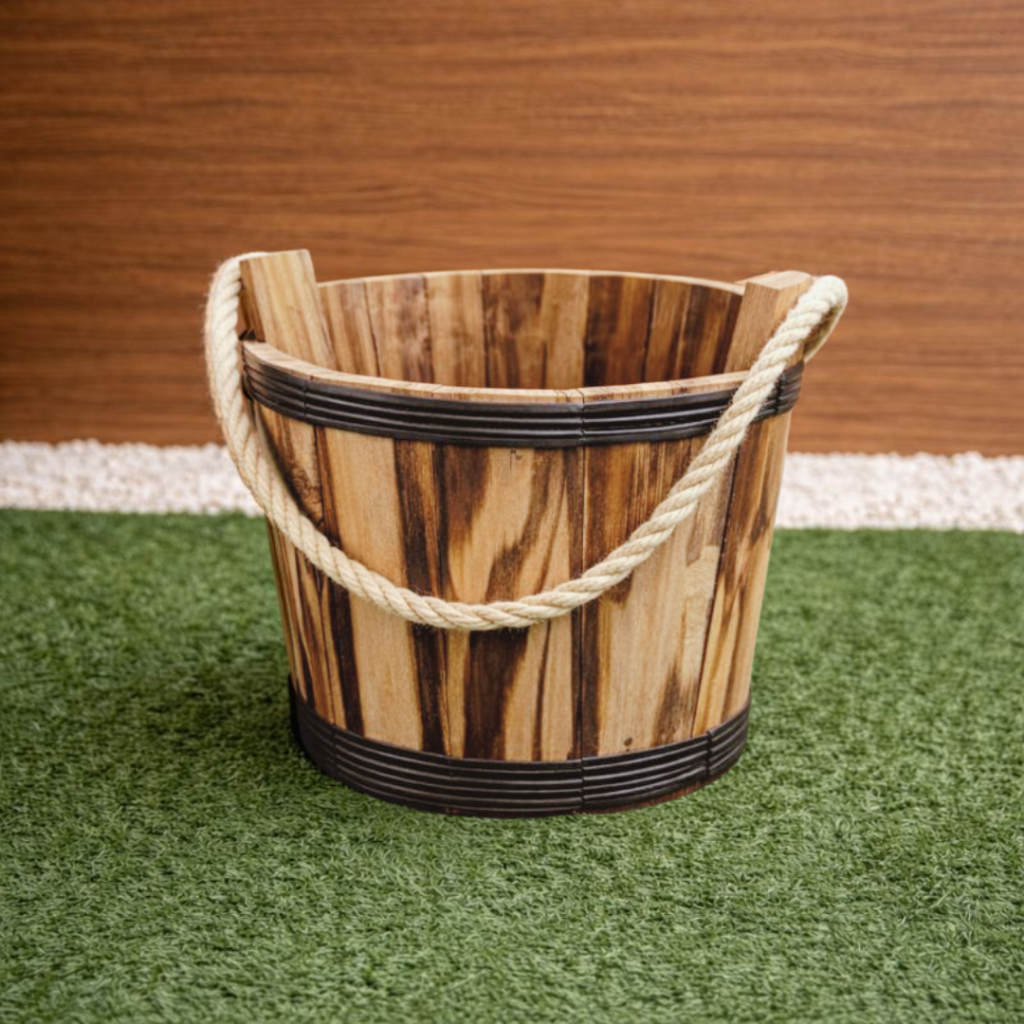 Vaso Cachepô Baldinho 18x15cm Crisântemo em Madeira