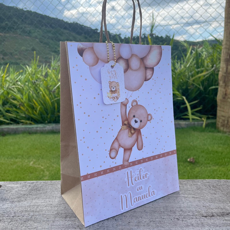 Sacolinha Surpresa Personalizada Lembrancinha Chá Bebê Ursinho Dourado Neutro- Chá Revelação