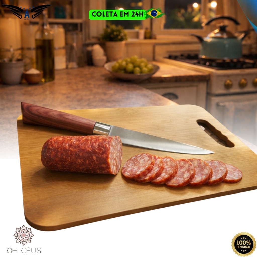 Kit Tábua De Carne Madeira Natural E Faca Cabo Madeira Churrasco Cozinha Resistente Para Curar Top
