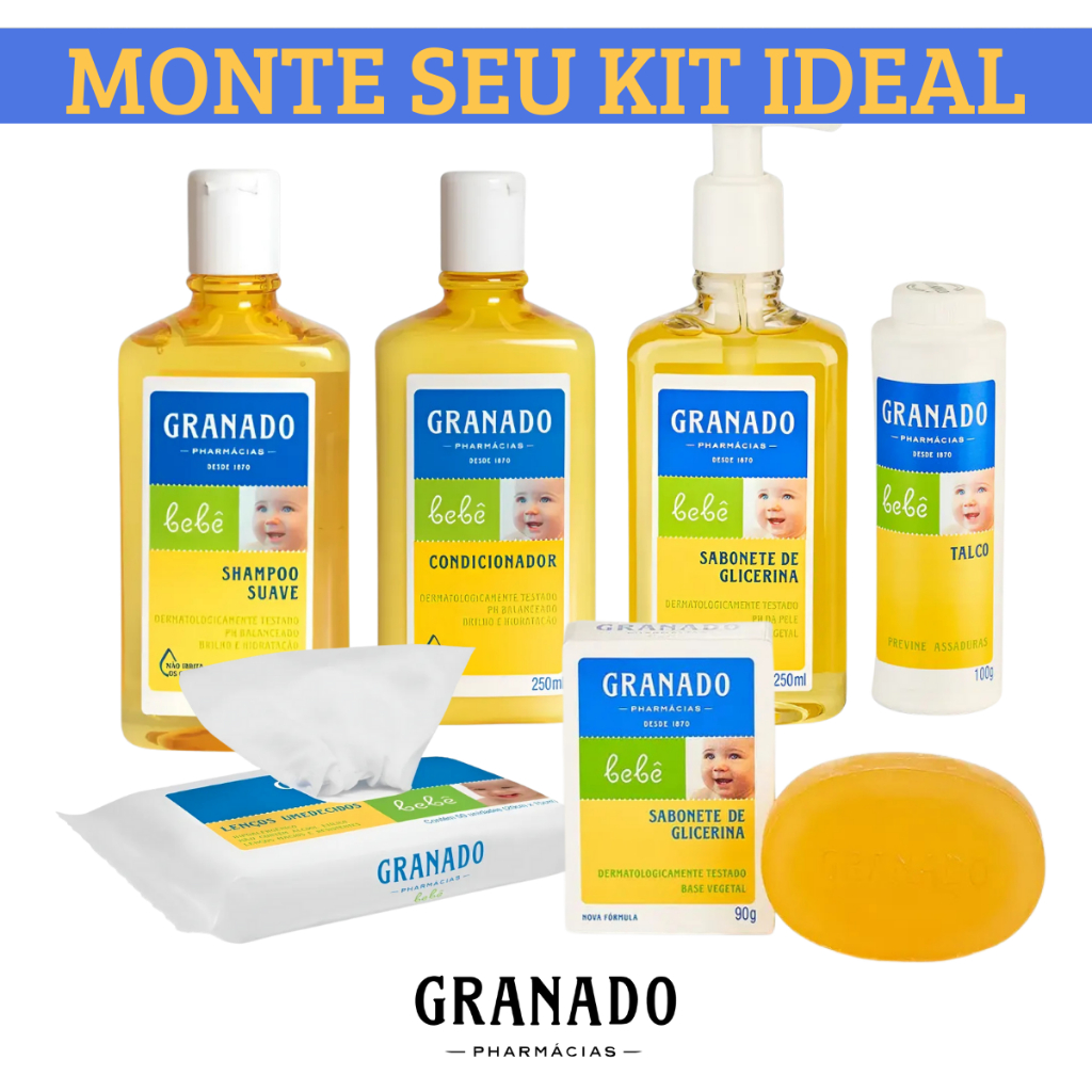 Kit Banho Granado Bebê Shampoo Condicionador Sabonete Líquido Toalha Lenço Umedecido Talco Refil Glicerina Chá de Bebê