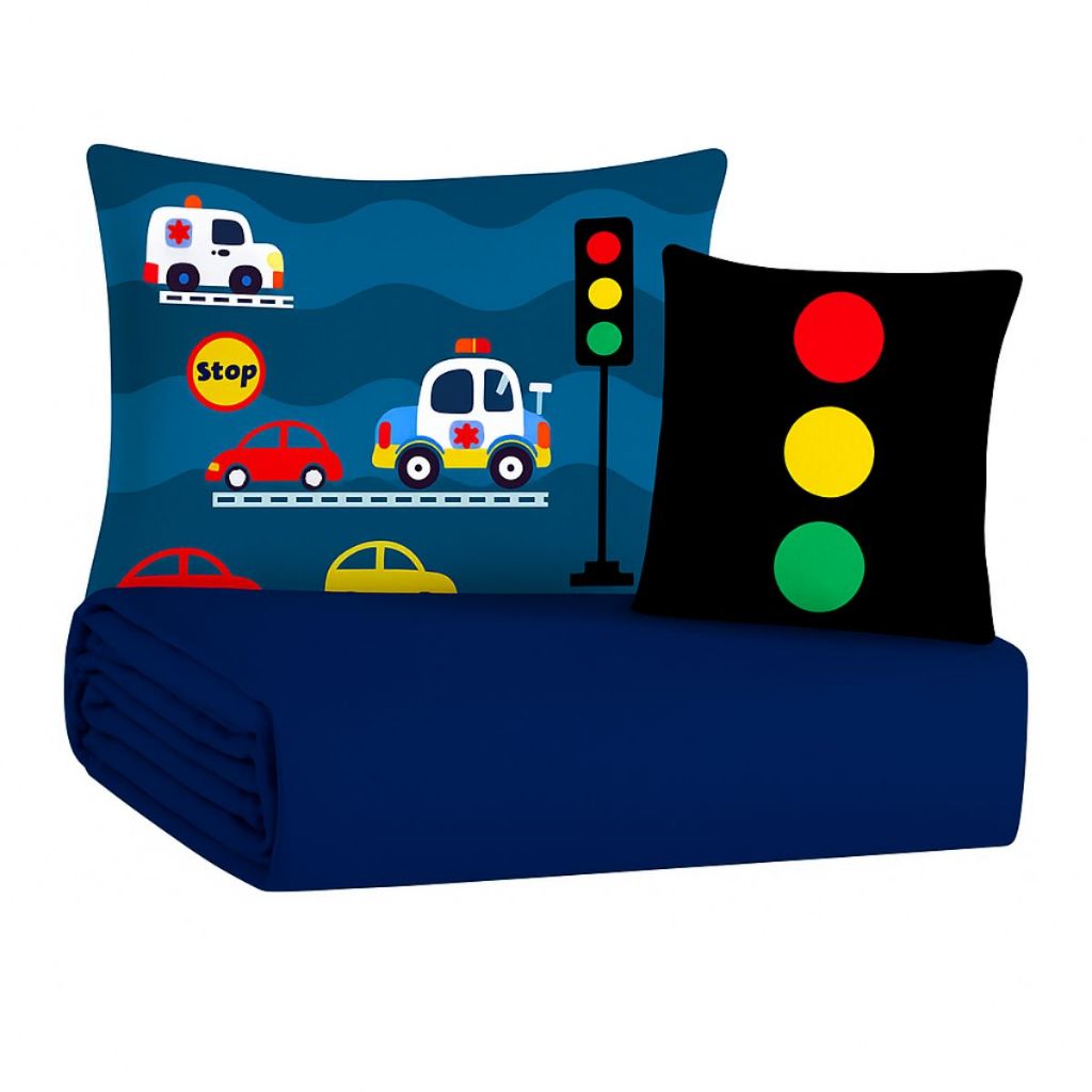 Jogo Lençol Roupa Cama Solteiro Elastico 4 Pçs Fronha Quarto Infantil Criança Menino Carros Azul
