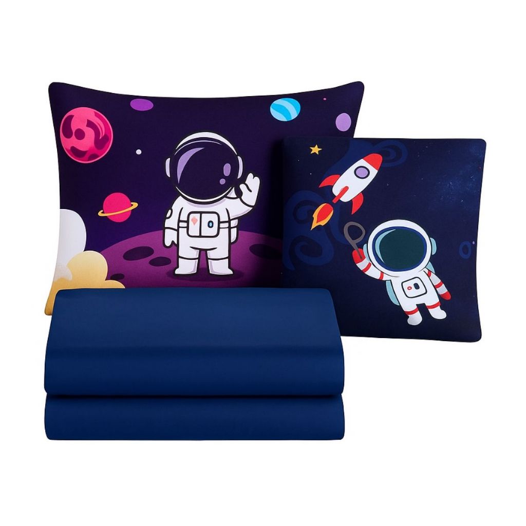Jogo Lençol Roupa Cama Solteiro 4 Pçs Quarto Menino Fronha Astronauta Espacial Azul Marinho Macio