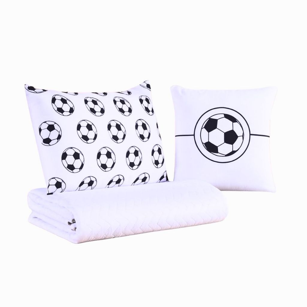 Colcha Cobre Leito Jogo Roupa Cama Infantil Solteiro 5 Pçs Fronha Matelado Menino Futebol Branco