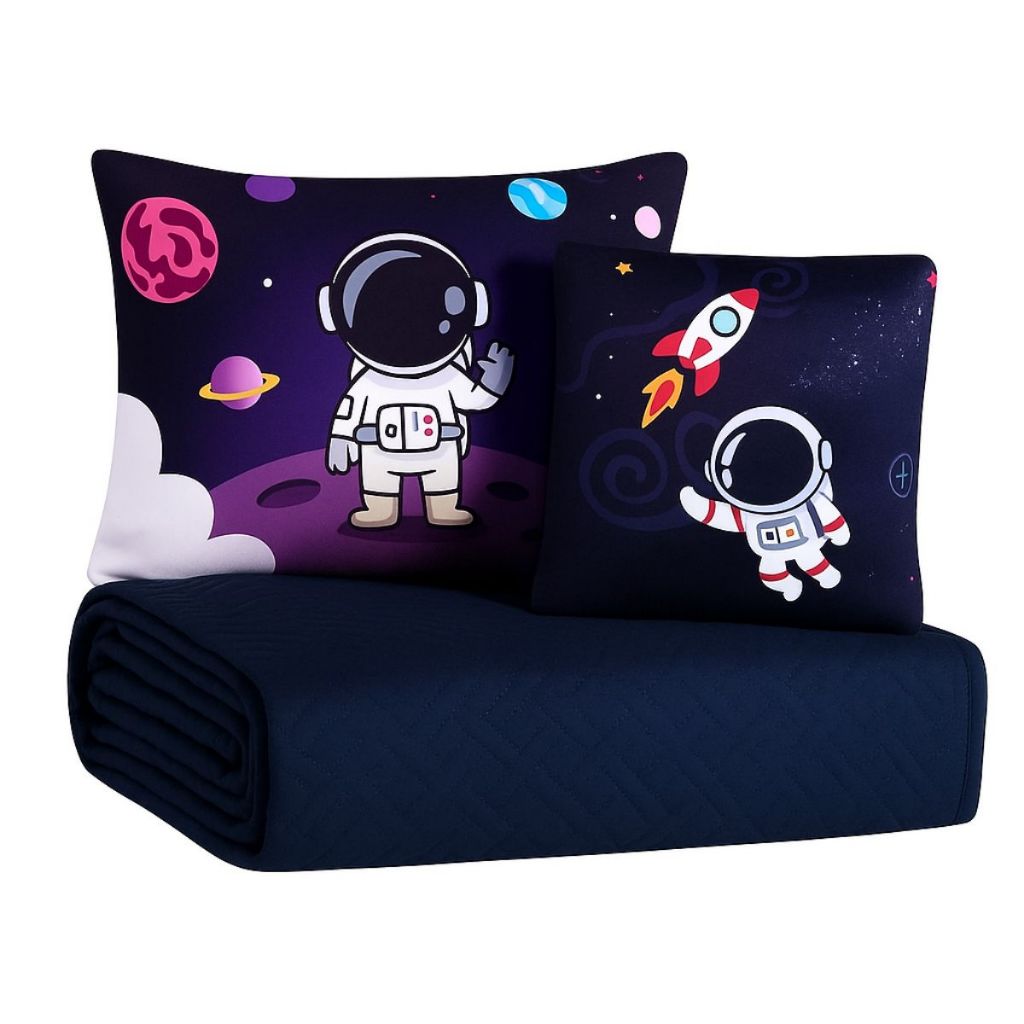Kit Colcha Cobre Leito Jogo Roupa Cama Solteiro 5 Pçs Fronha Matelado Quarto Menino Astronauta Azul