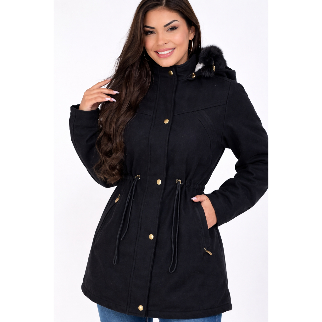 Casaco Sobretudo Feminino Parka Lã Batida Preta Forrada com Capuz Jaqueta Inverno