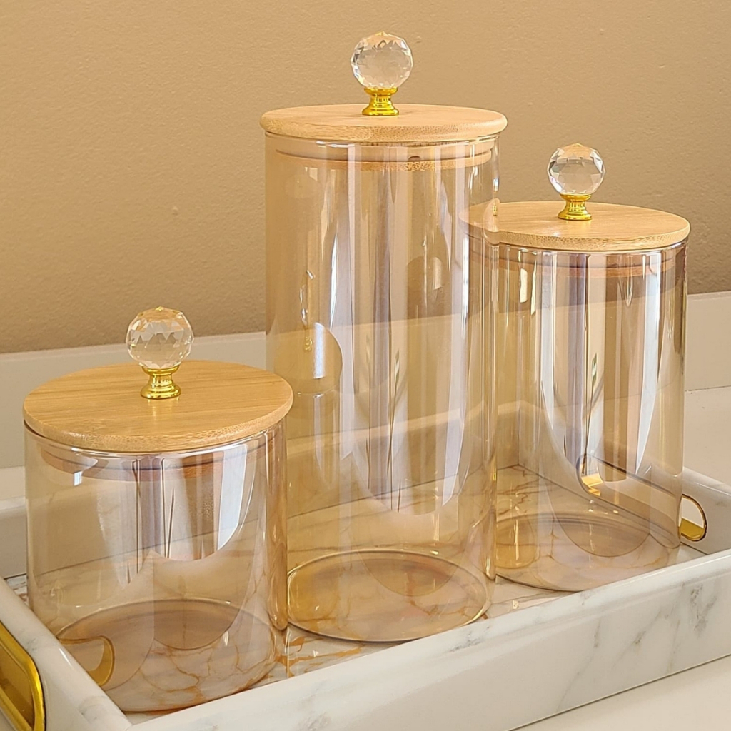 Kit Potes Porta Mantimento de vidro borossilicato ÂMBAR com CRISTAL LISO Luxo PMG organizador cozinha