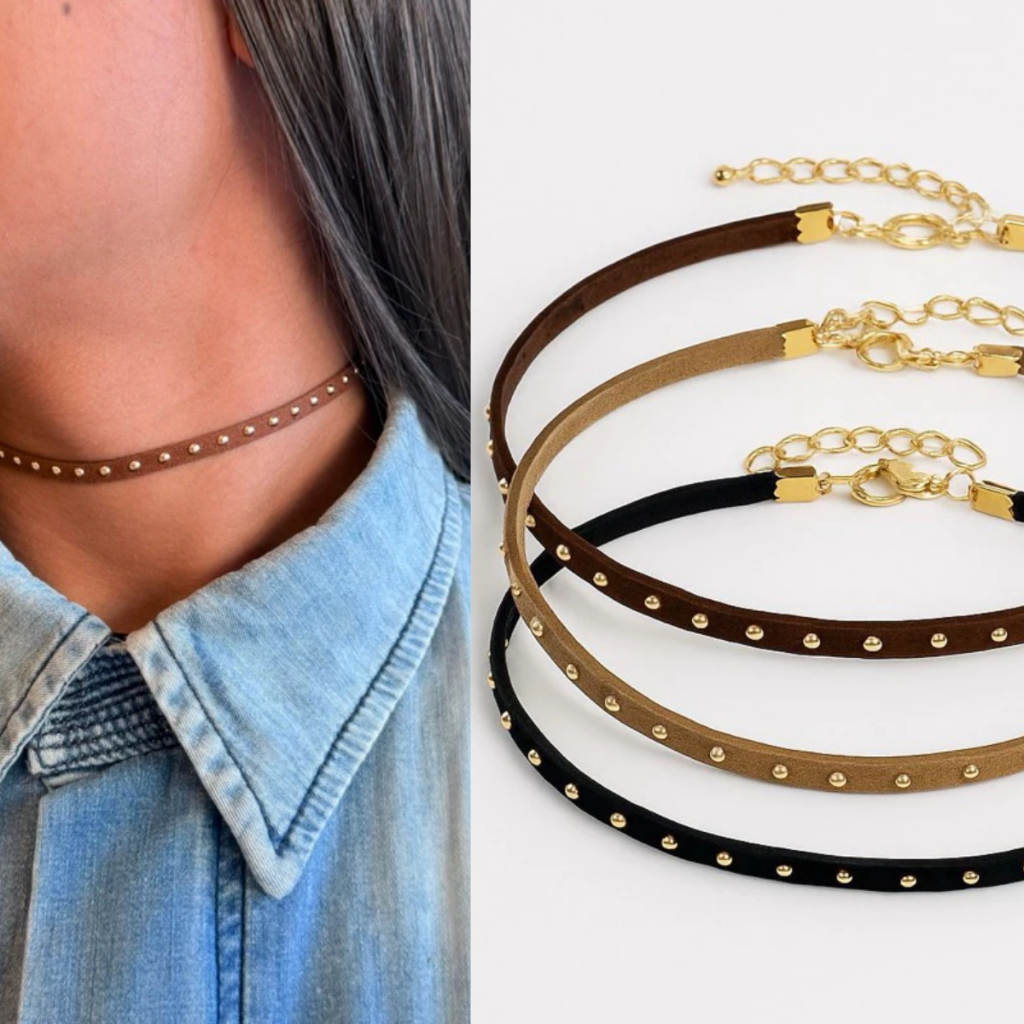 Choker Gargantilha Colar Cordão Courinho Camurça Preto,Nude,Marrom com Tachinhas Vintage Western Country em Oferta na Shopee