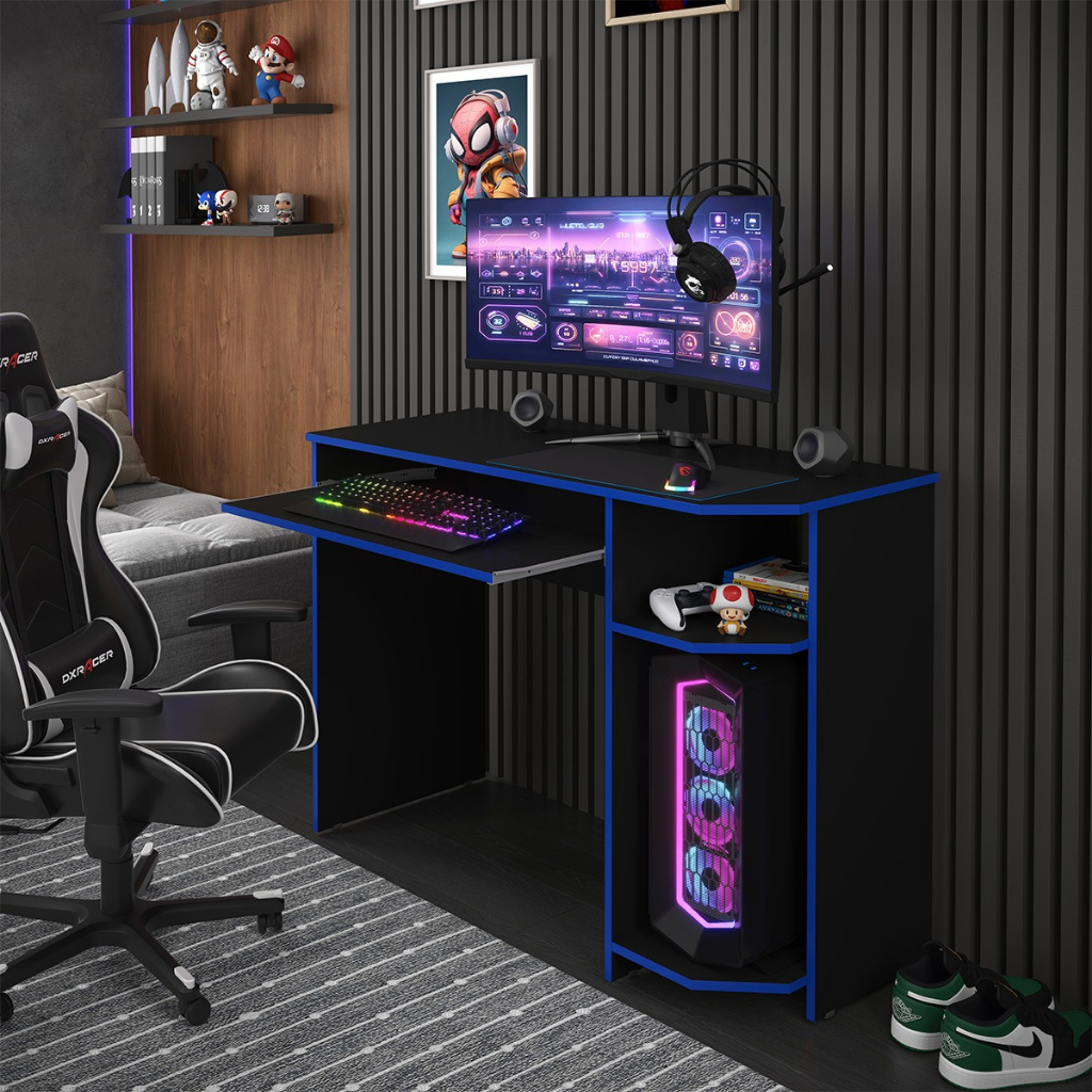 Escrivaninha Mesa Gamer Computador Pc Jogos Espaço Cpu Sporte Teclado Preto Azul