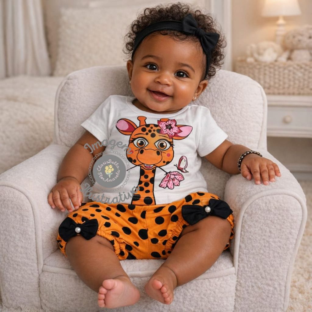 Conjunto Camiseta Bermuda Bebê Menina Temático Mesversário Animal Zoo Girafinha Algodão 3 a 6 meses
