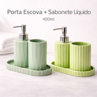 Kit Banheiro Cerâmica Porta Escova + Porta Sabonete Líquido 400ml com Bandeja
