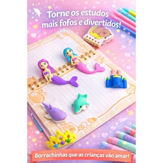 Kit 4 Borrachas Escolar 3D Fofa Infantil Fundo do Mar Sereias em Oferta na Shopee