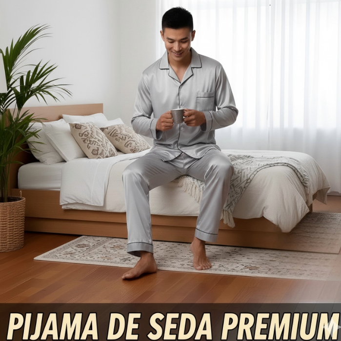 Pijama Masculino Americano Em Cetim De Seda|Design luxuoso Com Bolsos Abotoados|Confortável E Elegante, Exalando luxo