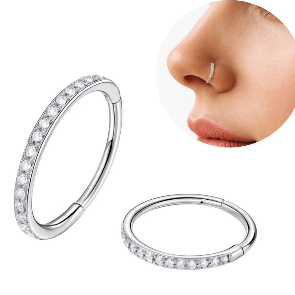 Piercing Titânio Argola Cravejada Cliker PVD Zircônia Nostril Fina 0.8mm Nariz G23