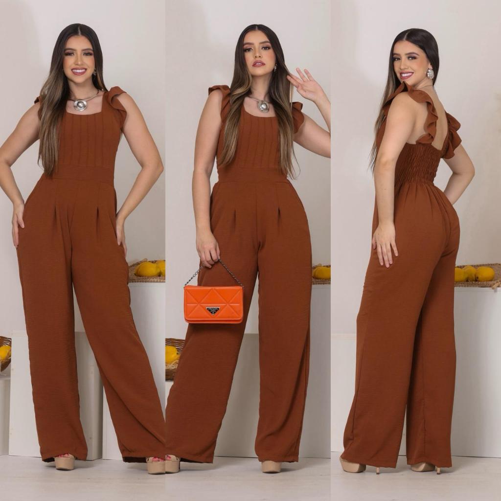 Macacão longo elegante en tecido Duna com Bojo, foro lastex Bolso funcional